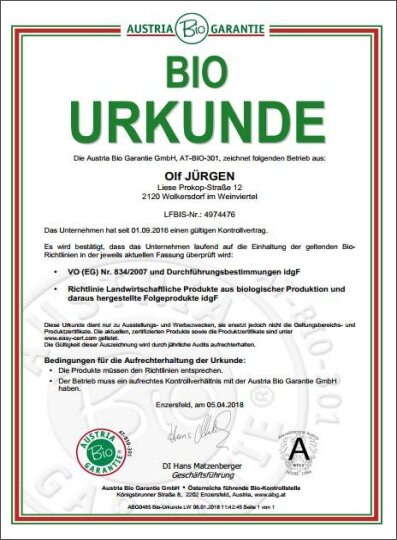 Bio-Urkunde - Bio-Imker Jürgen Olf, Wolkersdorf Biourkunde Imker Jürgen Olf