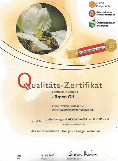 Qualitäts-Gold-Zertifikat Qualitäts-Gold-Zertifikat für Blütenhonig